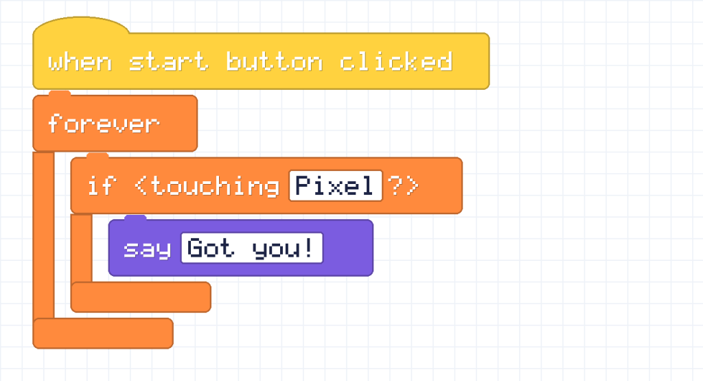 A script with a forever loop. Inside it, an if block asks if touching Pixel, and if so, says Got you.