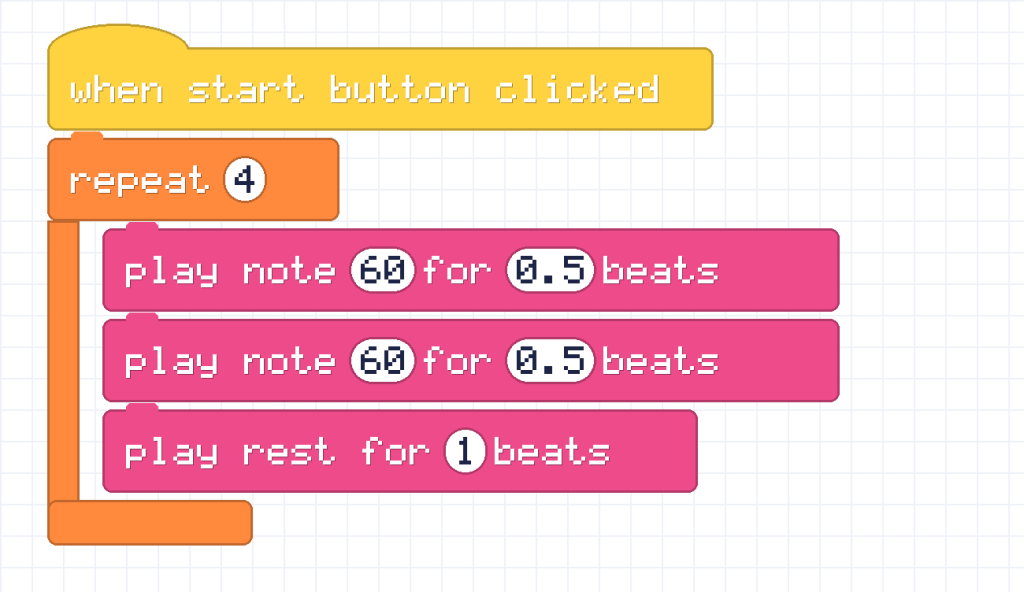 A script with a repeat 4 loop that plays note 60 for half a beat twice, then rests for 1 beat.