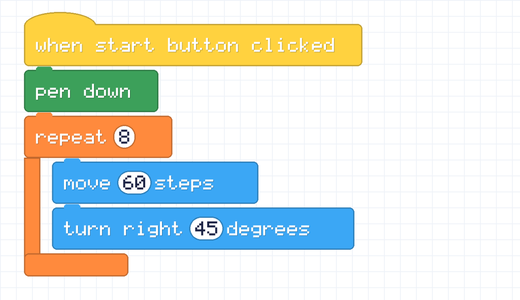 A script with pen down and a repeat 8 loop that moves 60 steps and turns right 45 degrees.