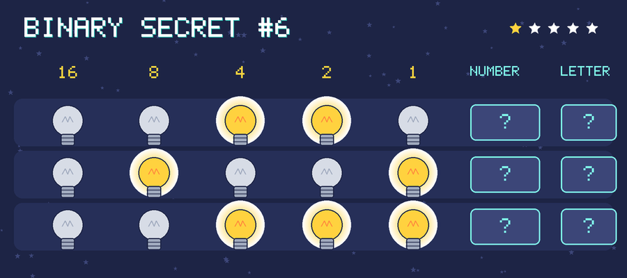 Binary secret 6: row 1: 00110; row 2: 01001; row 3: 00111
