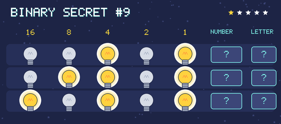 Binary secret 9: row 1: 00101; row 2: 01101; row 3: 10101