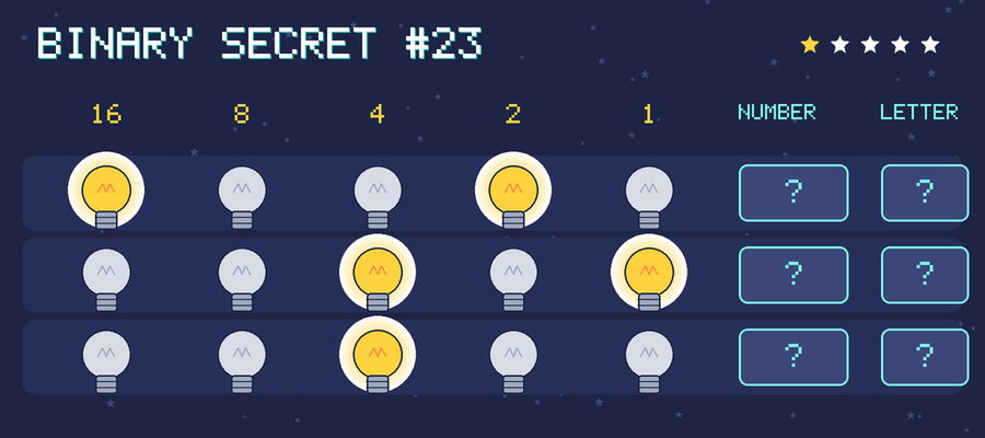 Binary secret 23: row 1: 10010; row 2: 00101; row 3: 00100