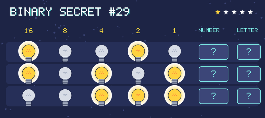Binary secret 29: row 1: 10010; row 2: 10101; row 3: 00111