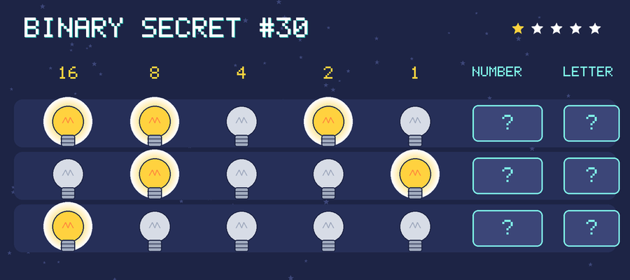 Binary secret 30: row 1: 11010; row 2: 01001; row 3: 10000