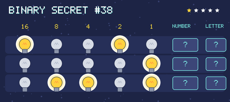 Binary secret 38: row 1: 10010; row 2: 00001; row 3: 01101