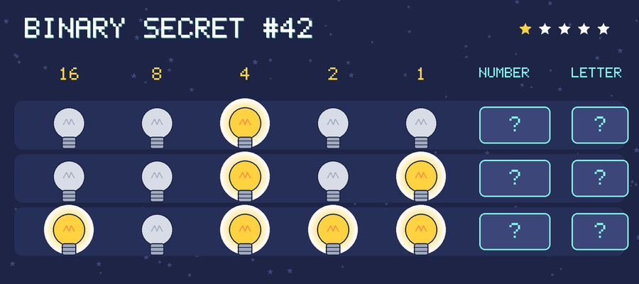 Binary secret 42: row 1: 00100; row 2: 00101; row 3: 10111