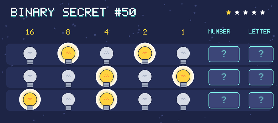 Binary secret 50: row 1: 01010; row 2: 00101; row 3: 10100