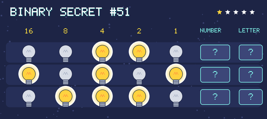 Binary secret 51: row 1: 00110; row 2: 10101; row 3: 01110