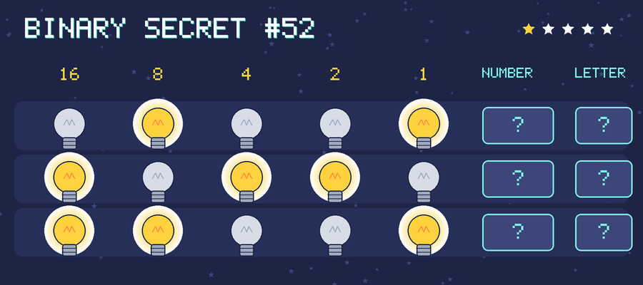 Binary secret 52: row 1: 01001; row 2: 10110; row 3: 11001