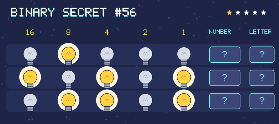 Binary secret 56: row 1: 01000; row 2: 10101; row 3: 01101