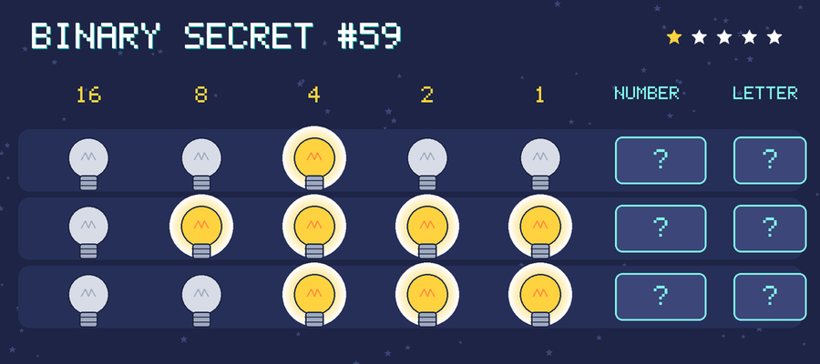 Binary secret 59: row 1: 00100; row 2: 01111; row 3: 00111