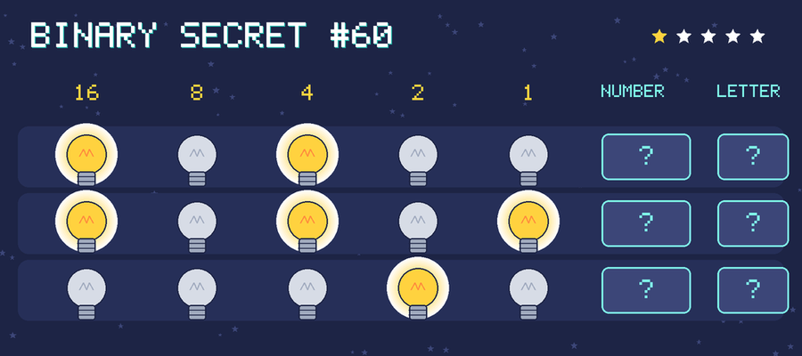 Binary secret 60: row 1: 10100; row 2: 10101; row 3: 00010