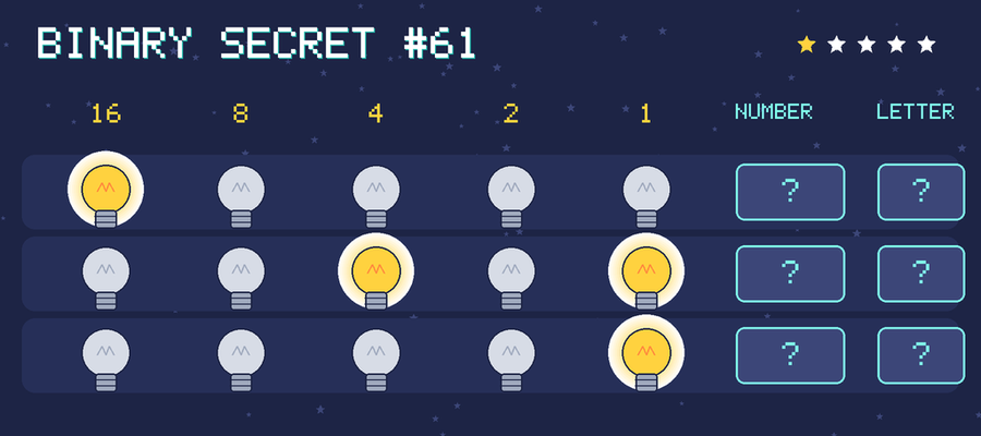 Binary secret 61: row 1: 10000; row 2: 00101; row 3: 00001