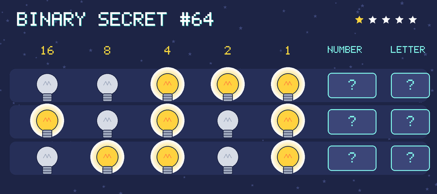 Binary secret 64: row 1: 00111; row 2: 10101; row 3: 01101