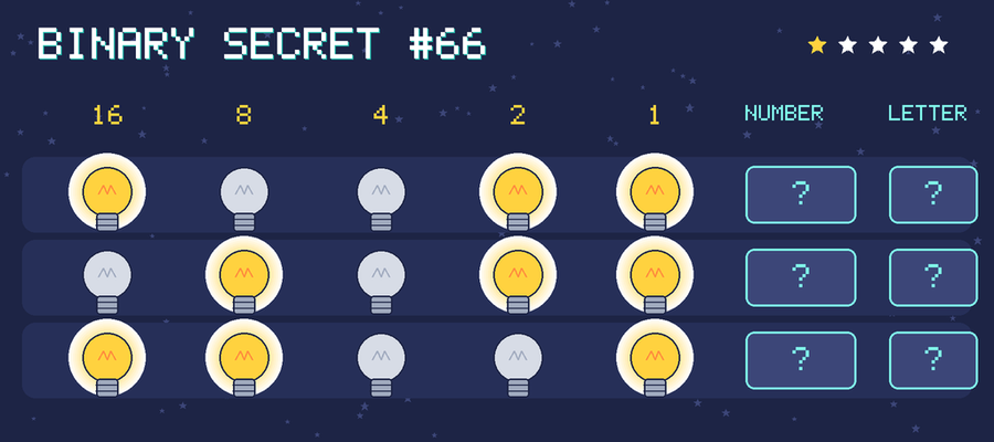 Binary secret 66: row 1: 10011; row 2: 01011; row 3: 11001