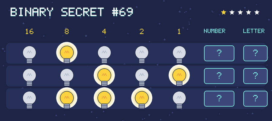 Binary secret 69: row 1: 01000; row 2: 00101; row 3: 01110