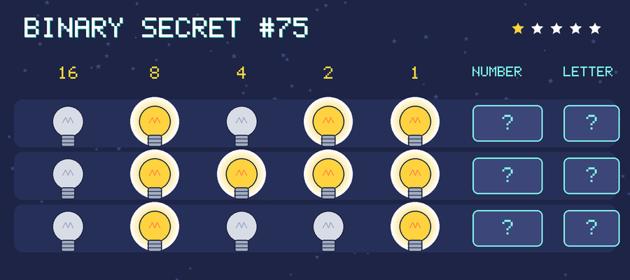 Binary secret 75: row 1: 01011; row 2: 01111; row 3: 01001