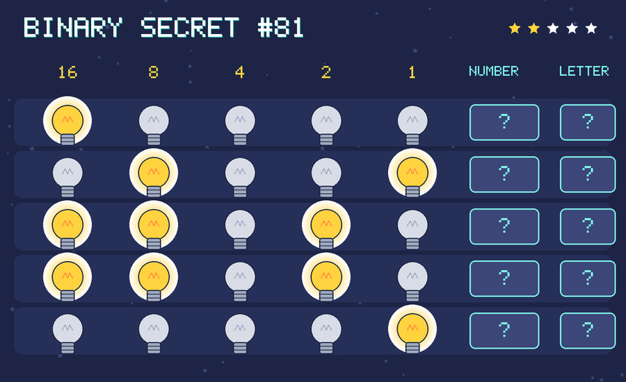 Binary secret 81: row 1: 10000; row 2: 01001; row 3: 11010; row 4: 11010; row 5: 00001