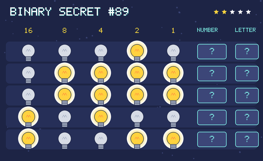 Binary secret 89: row 1: 00010; row 2: 01111; row 3: 01111; row 4: 10100; row 5: 10011