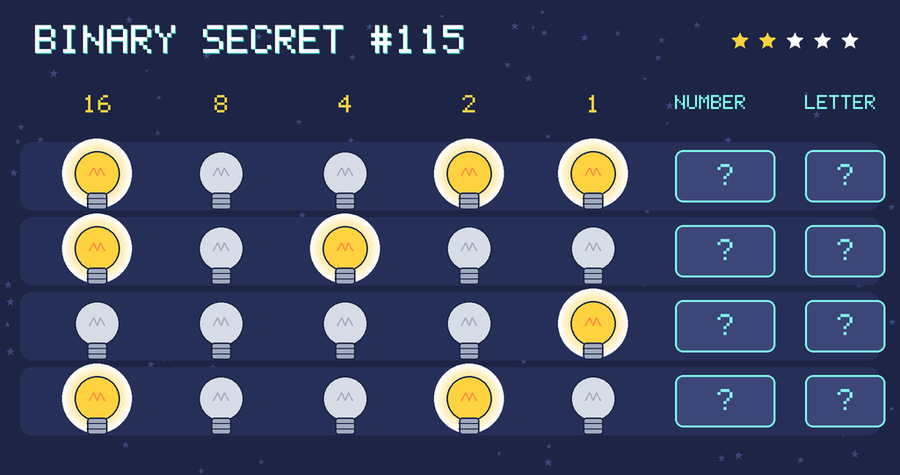 Binary secret 115: row 1: 10011; row 2: 10100; row 3: 00001; row 4: 10010