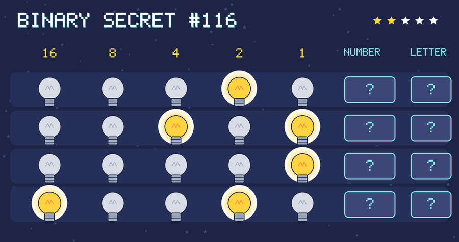 Binary secret 116: row 1: 00010; row 2: 00101; row 3: 00001; row 4: 10010