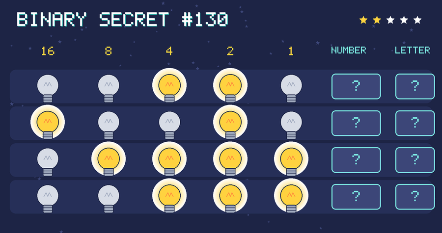 Binary secret 130: row 1: 00110; row 2: 10010; row 3: 01111; row 4: 00111