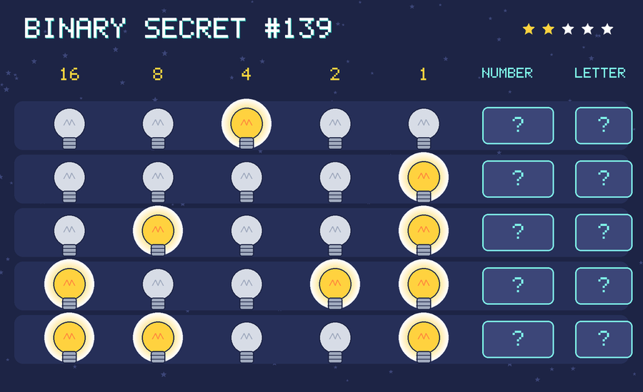 Binary secret 139: row 1: 00100; row 2: 00001; row 3: 01001; row 4: 10011; row 5: 11001