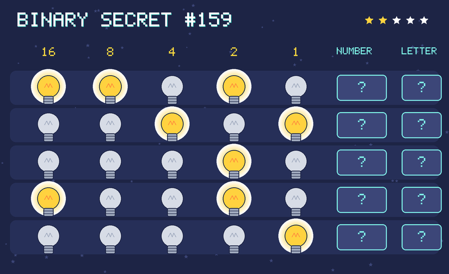 Binary secret 159: row 1: 11010; row 2: 00101; row 3: 00010; row 4: 10010; row 5: 00001