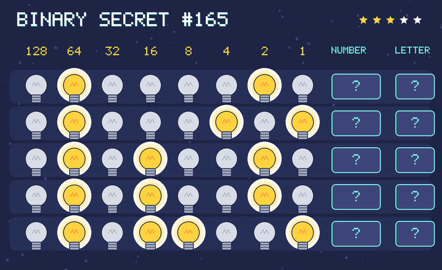 Binary secret 165: row 1: 01000010; row 2: 01000101; row 3: 01010010; row 4: 01010010; row 5: 01011001