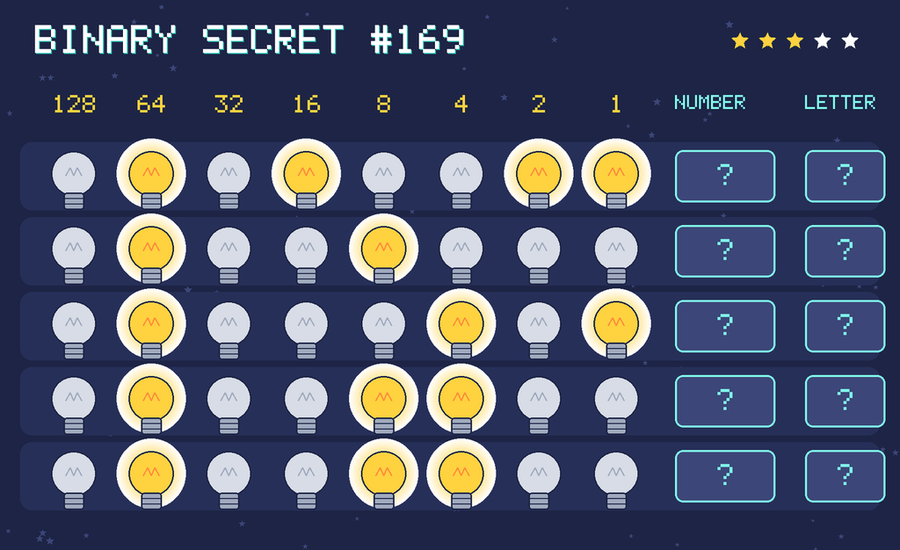 Binary secret 169: row 1: 01010011; row 2: 01001000; row 3: 01000101; row 4: 01001100; row 5: 01001100
