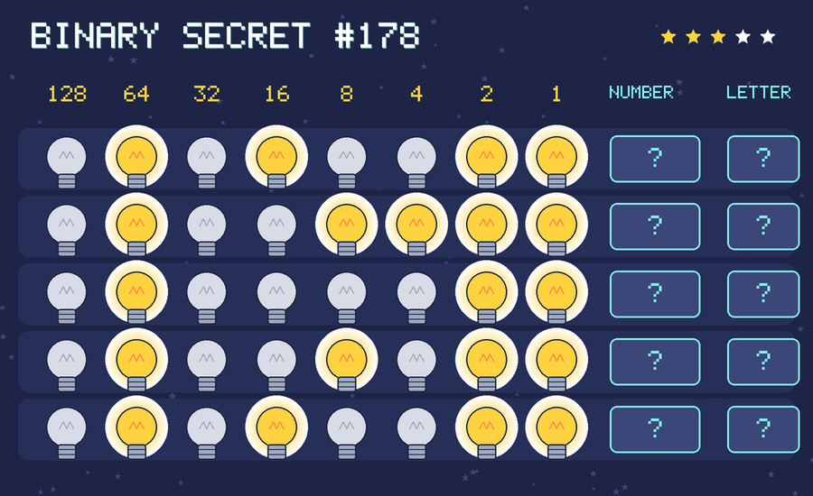Binary secret 178: row 1: 01010011; row 2: 01001111; row 3: 01000011; row 4: 01001011; row 5: 01010011