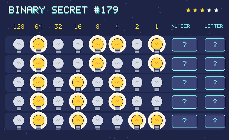 Binary secret 179: row 1: 01001101; row 2: 01001001; row 3: 01010100; row 4: 01010100; row 5: 01010011