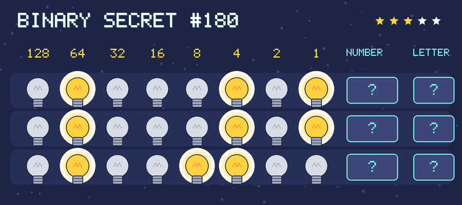 Binary secret 180: row 1: 01000101; row 2: 01000101; row 3: 01001100