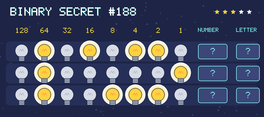Binary secret 188: row 1: 01010110; row 2: 01000001; row 3: 01001110
