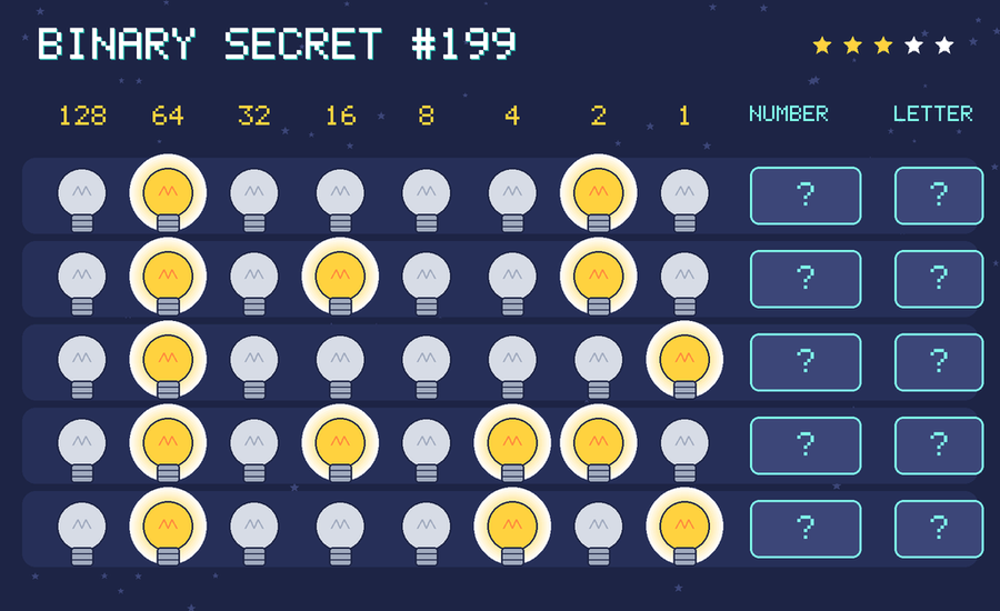 Binary secret 199: row 1: 01000010; row 2: 01010010; row 3: 01000001; row 4: 01010110; row 5: 01000101