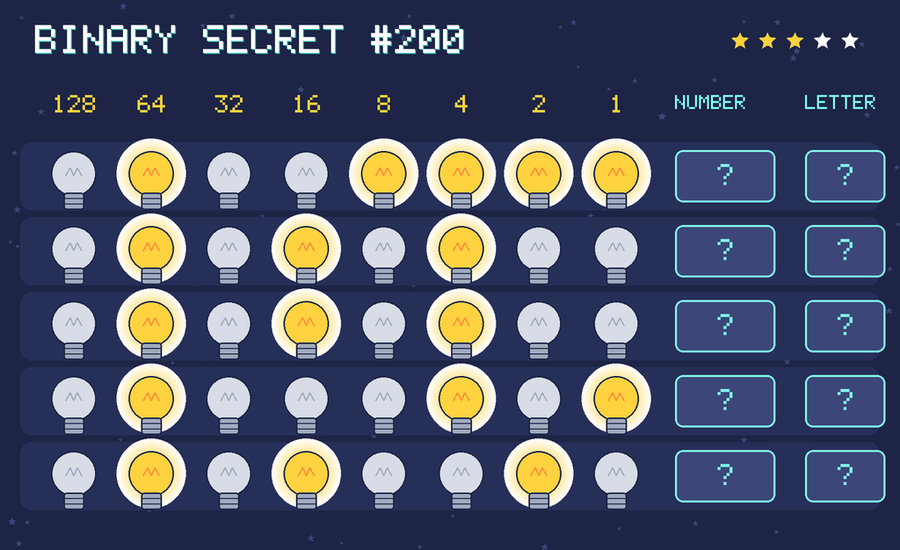 Binary secret 200: row 1: 01001111; row 2: 01010100; row 3: 01010100; row 4: 01000101; row 5: 01010010