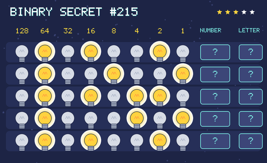 Binary secret 215: row 1: 01010010; row 2: 01001001; row 3: 01010110; row 4: 01000101; row 5: 01010010