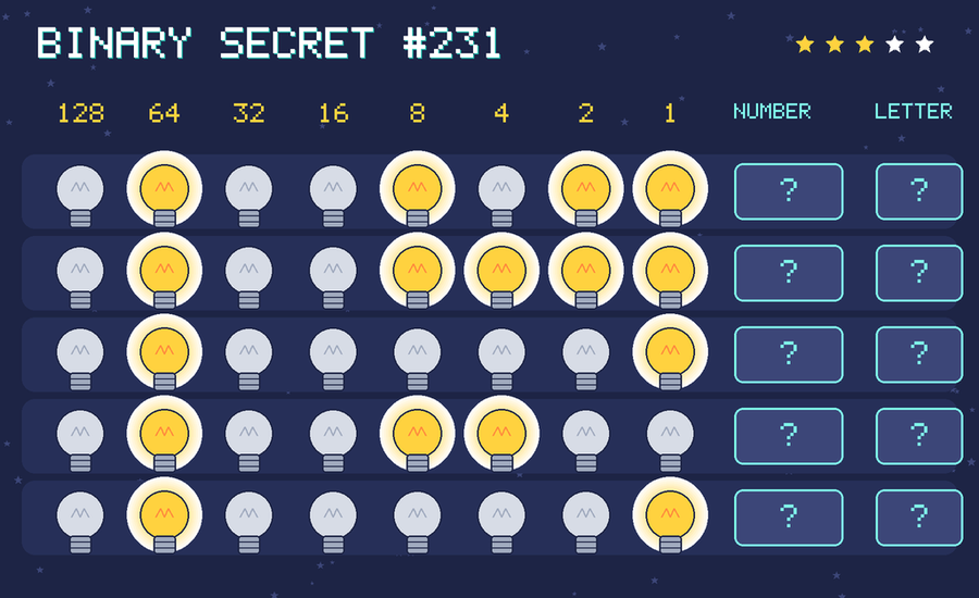 Binary secret 231: row 1: 01001011; row 2: 01001111; row 3: 01000001; row 4: 01001100; row 5: 01000001