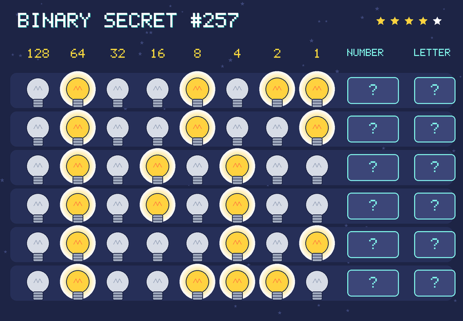 Binary secret 257: row 1: 01001011; row 2: 01001001; row 3: 01010100; row 4: 01010100; row 5: 01000101; row 6: 01001110