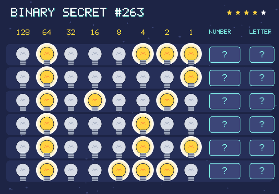 Binary secret 263: row 1: 01000111; row 2: 01000001; row 3: 01010010; row 4: 01000100; row 5: 01000101; row 6: 01001110