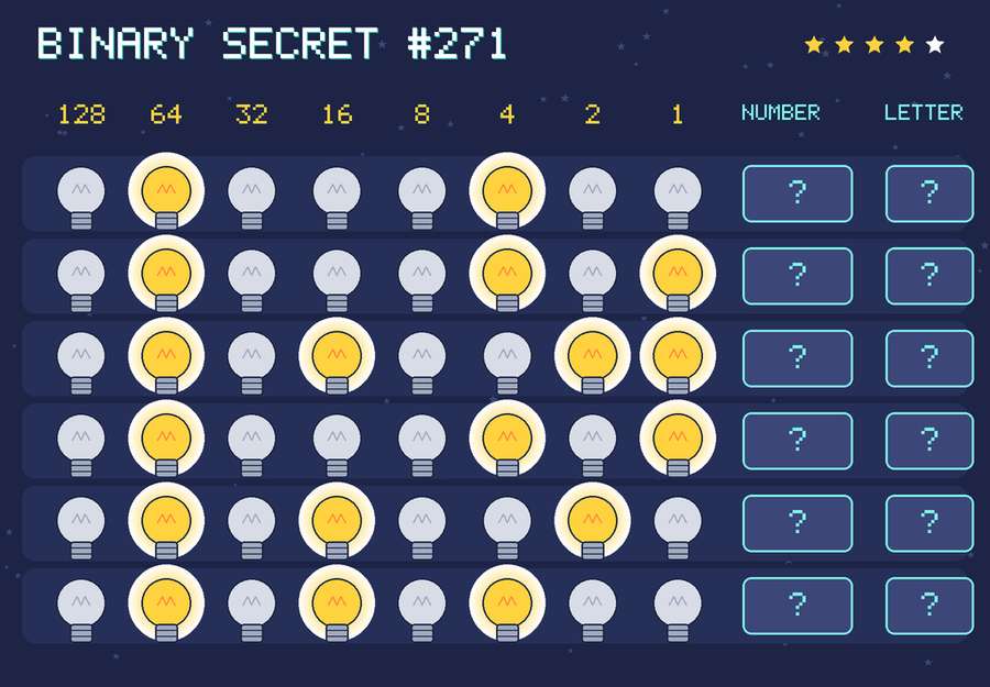 Binary secret 271: row 1: 01000100; row 2: 01000101; row 3: 01010011; row 4: 01000101; row 5: 01010010; row 6: 01010100