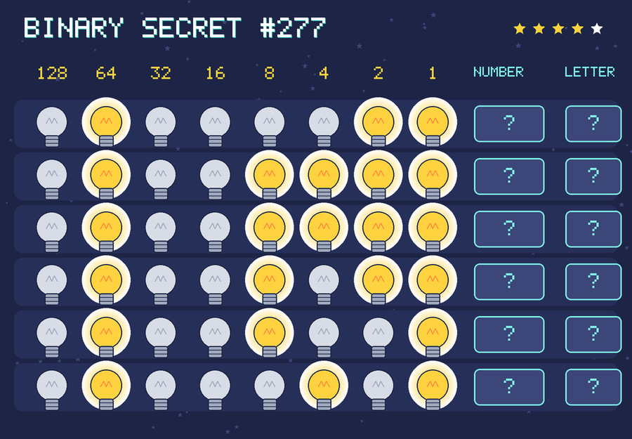 Binary secret 277: row 1: 01000011; row 2: 01001111; row 3: 01001111; row 4: 01001011; row 5: 01001001; row 6: 01000101