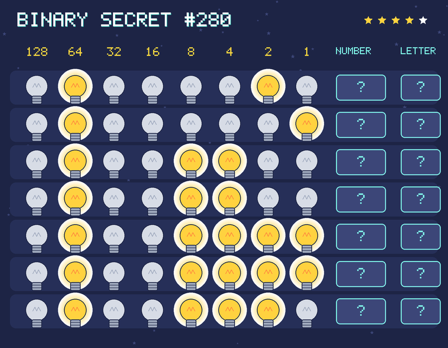 Binary secret 280: row 1: 01000010; row 2: 01000001; row 3: 01001100; row 4: 01001100; row 5: 01001111; row 6: 01001111; row 7: 01001110