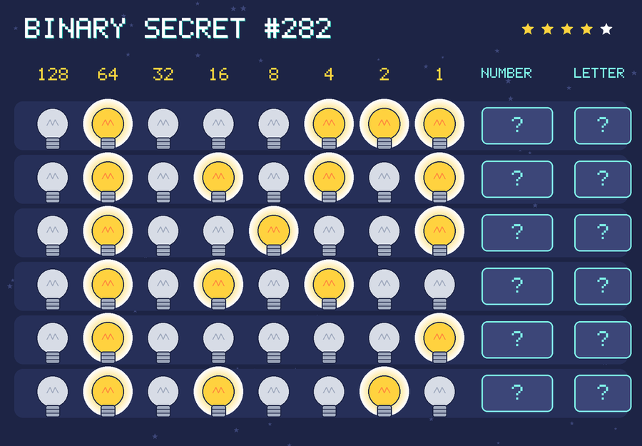 Binary secret 282: row 1: 01000111; row 2: 01010101; row 3: 01001001; row 4: 01010100; row 5: 01000001; row 6: 01010010