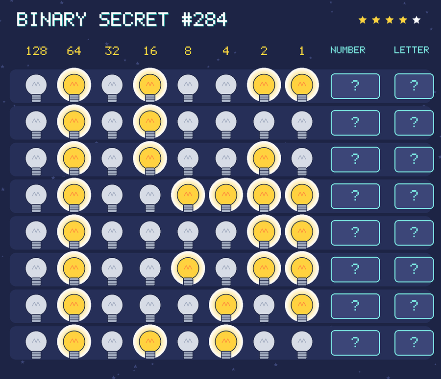 Binary secret 284: row 1: 01010011; row 2: 01010000; row 3: 01010010; row 4: 01001111; row 5: 01000011; row 6: 01001011; row 7: 01000101; row 8: 01010100