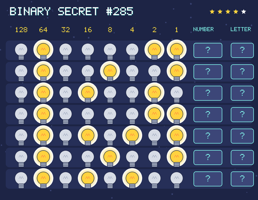 Binary secret 285: row 1: 01000011; row 2: 01001001; row 3: 01010010; row 4: 01000011; row 5: 01010101; row 6: 01001001; row 7: 01010100