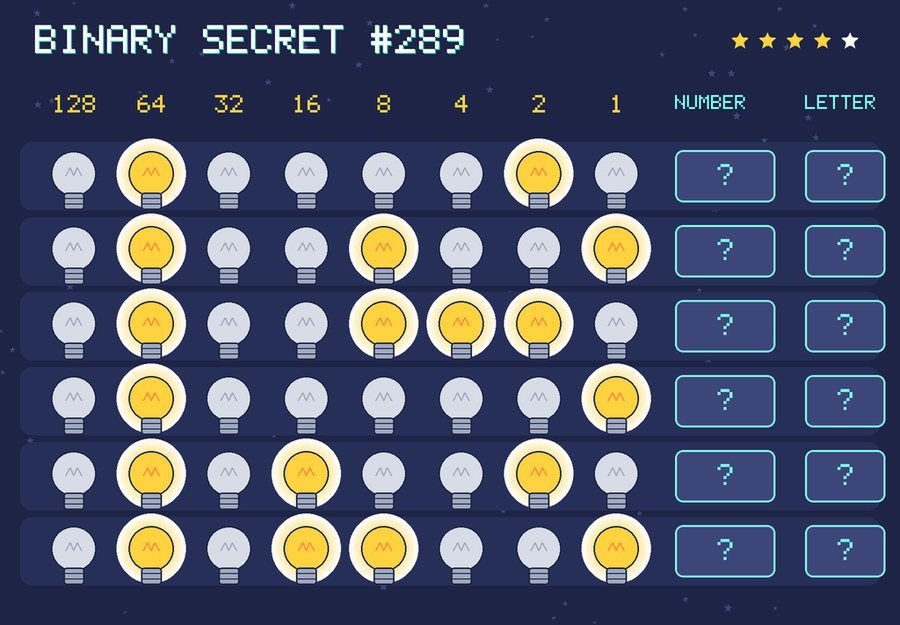 Binary secret 289: row 1: 01000010; row 2: 01001001; row 3: 01001110; row 4: 01000001; row 5: 01010010; row 6: 01011001