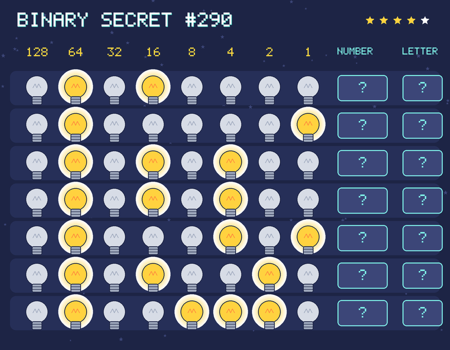 Binary secret 290: row 1: 01010000; row 2: 01000001; row 3: 01010100; row 4: 01010100; row 5: 01000101; row 6: 01010010; row 7: 01001110
