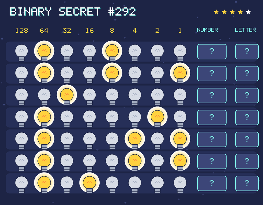 Binary secret 292: row 1: 01001000; row 2: 01001001; row 3: 00100000; row 4: 01000010; row 5: 01000101; row 6: 01000101; row 7: 01010000