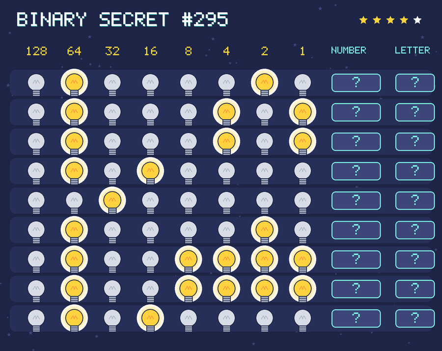 Binary secret 295: row 1: 01000010; row 2: 01000101; row 3: 01000101; row 4: 01010000; row 5: 00100000; row 6: 01000010; row 7: 01001111; row 8: 01001111; row 9: 01010000